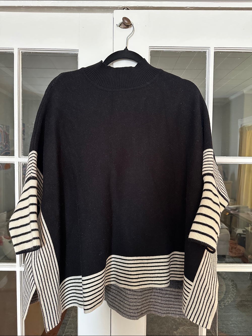 Black Knit Sweater with Cream & Black Striped Hem and Sleeves